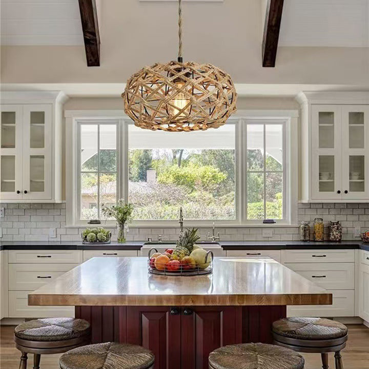 Traditional Rustic Iron &amp; Rattan Woven Round 1-Light Adjustable Pendant Light For Bedroom &amp; Living Room