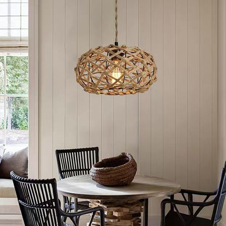 Traditional Rustic Iron &amp; Rattan Woven Round 1-Light Adjustable Pendant Light For Bedroom &amp; Living Room