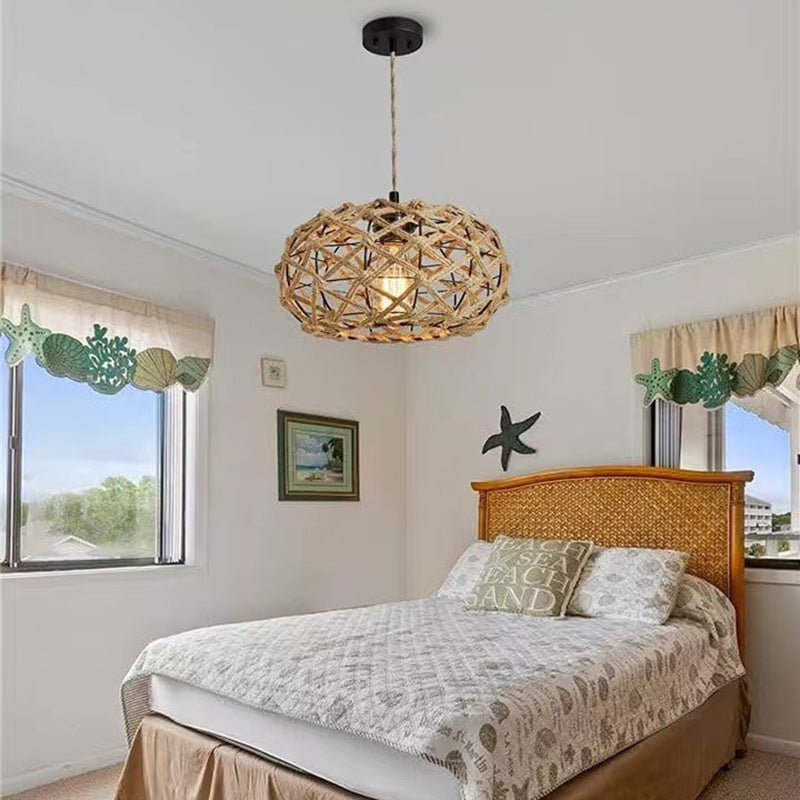 Traditionelle rustikale Eisen- und Rattan-gewebte runde 1-Licht verstellbare Pendelleuchte für Schlafzimmer und Wohnzimmer 