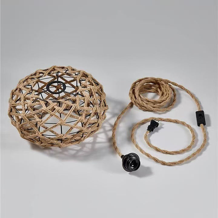 Traditional Rustic Iron &amp; Rattan Woven Round 1-Light Adjustable Pendant Light For Bedroom &amp; Living Room