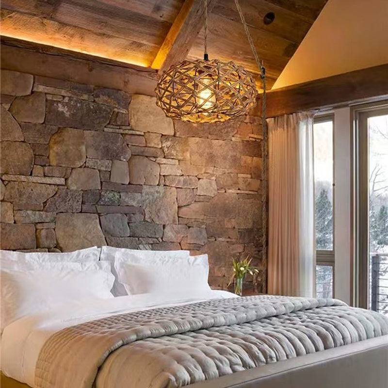Traditional Rustic Iron &amp; Rattan Woven Round 1-Light Adjustable Pendant Light For Bedroom &amp; Living Room