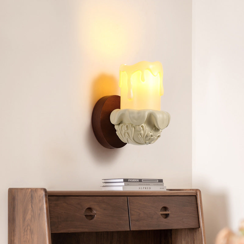 Traditional French Wood Resin Glass Carved Candelabra 1-Light Wall Sconce Lamp For Bedroom & Living Room