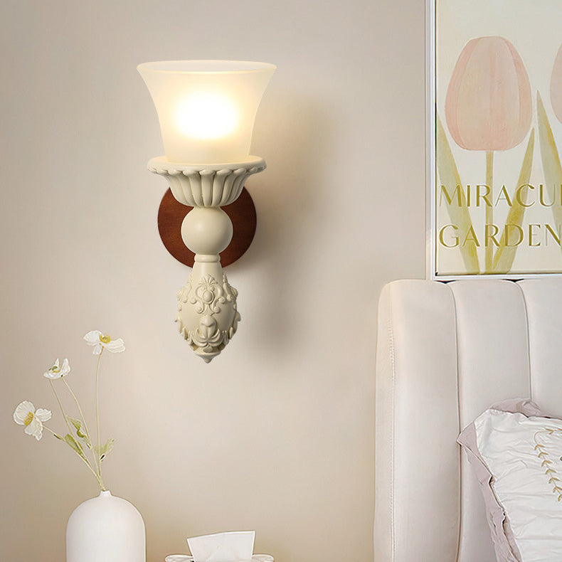 Traditional French Wood Resin Glass Carved Candelabra 1-Light Wall Sconce Lamp For Bedroom & Living Room