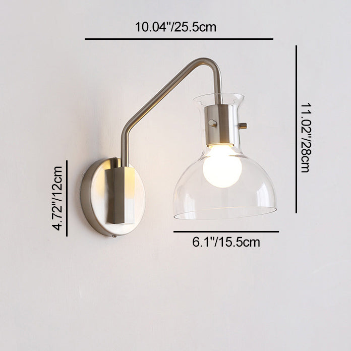 Modern Art Deco Iron & Glass Semi-Circular Transparent Lampshade Straight Rod 1-Light Wall Sconce Lamp Bedroom & Living Room