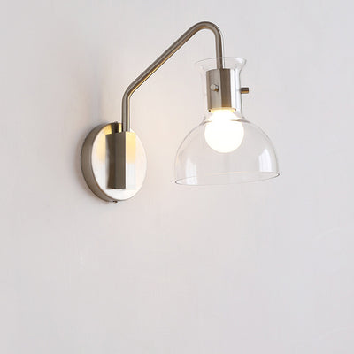 Modern Art Deco Iron & Glass Semi-Circular Transparent Lampshade Straight Rod 1-Light Wall Sconce Lamp Bedroom & Living Room