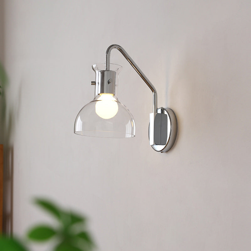Modern Art Deco Iron & Glass Semi-Circular Transparent Lampshade Straight Rod 1-Light Wall Sconce Lamp Bedroom & Living Room