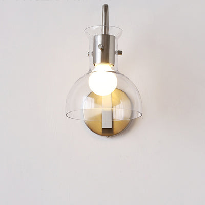 Modern Art Deco Iron & Glass Semi-Circular Transparent Lampshade Straight Rod 1-Light Wall Sconce Lamp Bedroom & Living Room