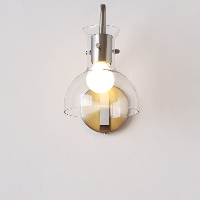 Modern Art Deco Iron & Glass Semi-Circular Transparent Lampshade Straight Rod 1-Light Wall Sconce Lamp Bedroom & Living Room