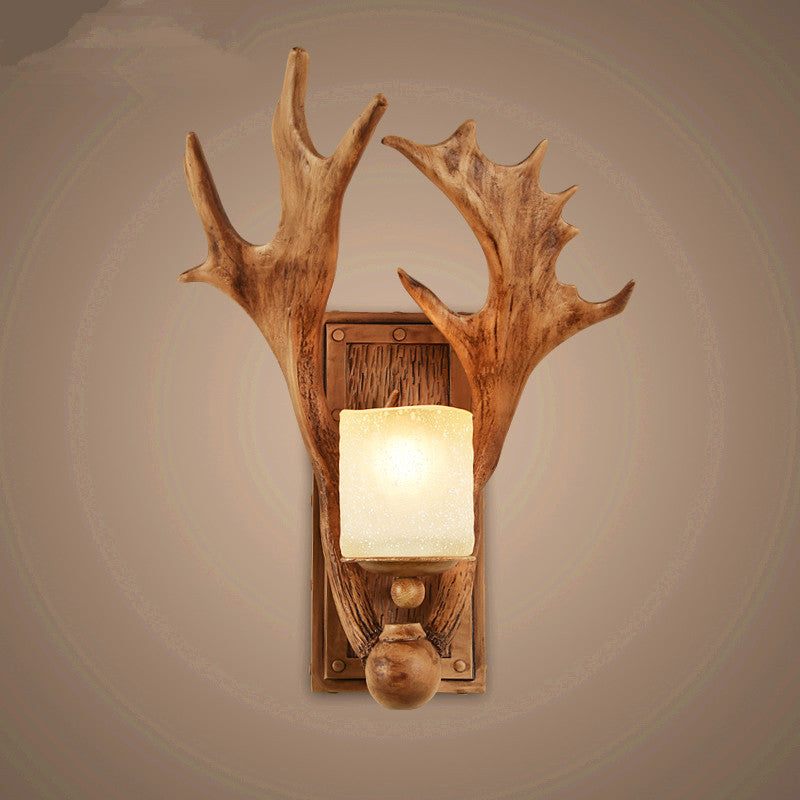 Modern Art Deco Resin & Glass Deer Antler Wall Sconce Lamp Rectangular Base Cylindrical Lampshade 1-Light For Bedroom & Living Room