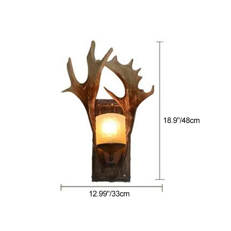 Modern Art Deco Resin &amp; Glass Deer Antler Wall Sconce Lamp Rectangular Base Cylindrical Lampshade 1-Light For Bedroom &amp; Living Room