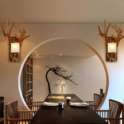 Modern Art Deco Resin & Glass Deer Antler Wall Sconce Lamp Rectangular Base Cylindrical Lampshade 1-Light For Bedroom & Living Room