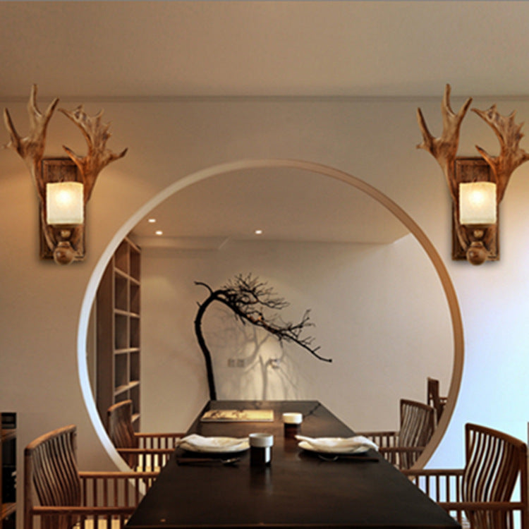 Modern Art Deco Resin & Glass Deer Antler Wall Sconce Lamp Rectangular Base Cylindrical Lampshade 1-Light For Bedroom & Living Room