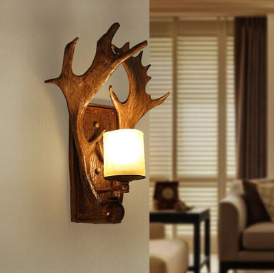 Modern Art Deco Resin & Glass Deer Antler Wall Sconce Lamp Rectangular Base Cylindrical Lampshade 1-Light For Bedroom & Living Room