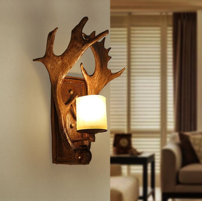 Modern Art Deco Resin & Glass Deer Antler Wall Sconce Lamp Rectangular Base Cylindrical Lampshade 1-Light For Bedroom & Living Room