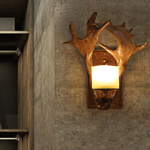Modern Art Deco Resin &amp; Glass Deer Antler Wall Sconce Lamp Rectangular Base Cylindrical Lampshade 1-Light For Bedroom &amp; Living Room