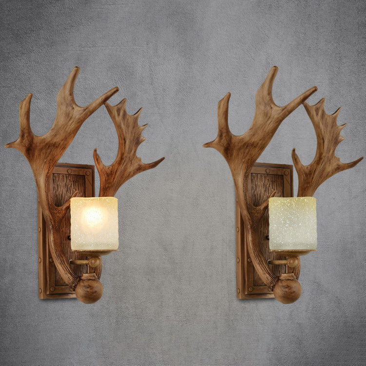 Modern Art Deco Resin &amp; Glass Deer Antler Wall Sconce Lamp Rectangular Base Cylindrical Lampshade 1-Light For Bedroom &amp; Living Room