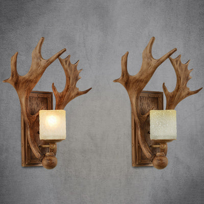 Modern Art Deco Resin & Glass Deer Antler Wall Sconce Lamp Rectangular Base Cylindrical Lampshade 1-Light For Bedroom & Living Room