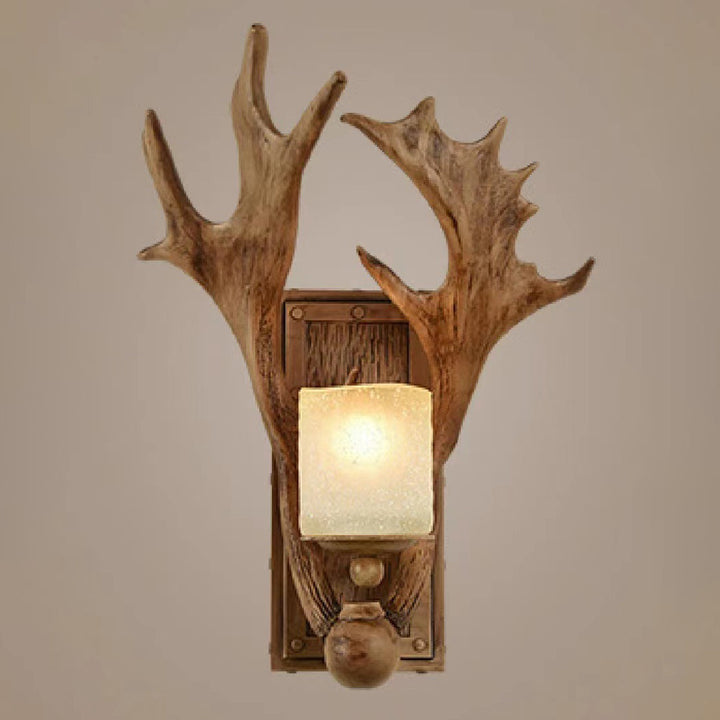 Modern Art Deco Resin &amp; Glass Deer Antler Wall Sconce Lamp Rectangular Base Cylindrical Lampshade 1-Light For Bedroom &amp; Living Room