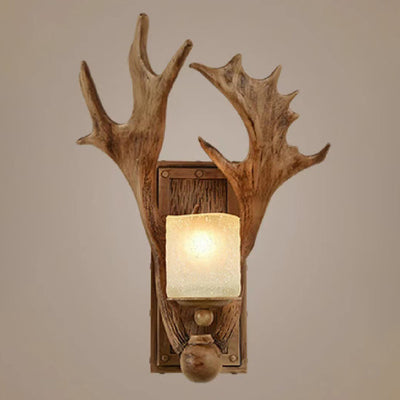 Modern Art Deco Resin & Glass Deer Antler Wall Sconce Lamp Rectangular Base Cylindrical Lampshade 1-Light For Bedroom & Living Room