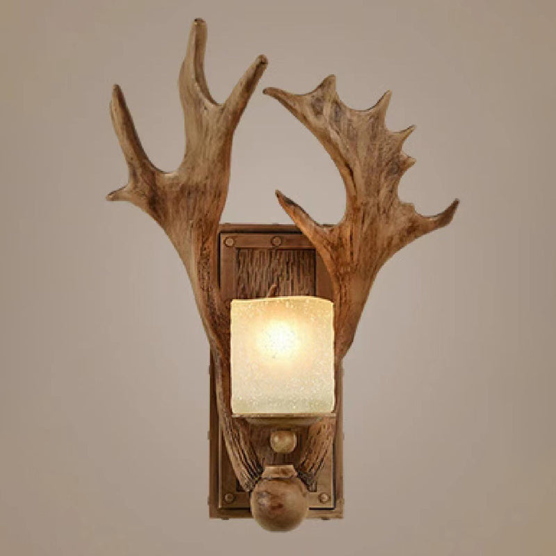 Modern Art Deco Resin & Glass Deer Antler Wall Sconce Lamp Rectangular Base Cylindrical Lampshade 1-Light For Bedroom & Living Room