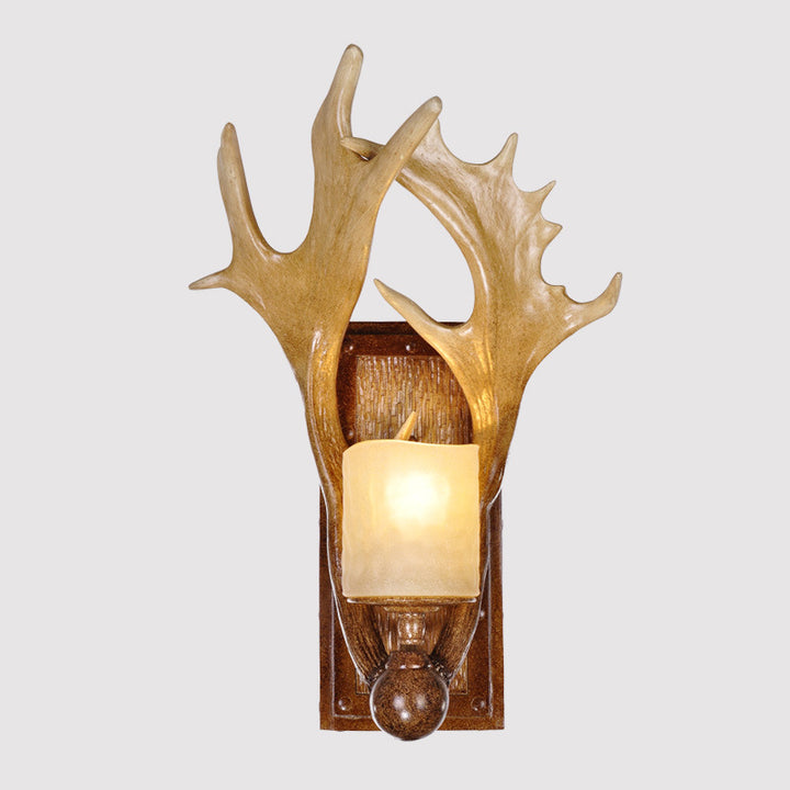 Modern Art Deco Resin &amp; Glass Deer Antler Wall Sconce Lamp Rectangular Base Cylindrical Lampshade 1-Light For Bedroom &amp; Living Room