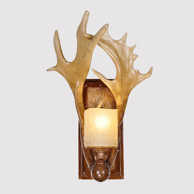 Modern Art Deco Resin & Glass Deer Antler Wall Sconce Lamp Rectangular Base Cylindrical Lampshade 1-Light For Bedroom & Living Room