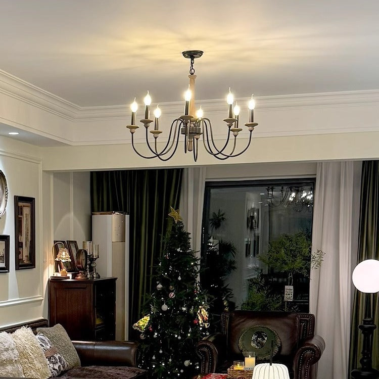Chandelier traditionnel en bois rustique et fer avec support de bougie, tige de fer ramifiée, 5/6/8 lumières pour salon 