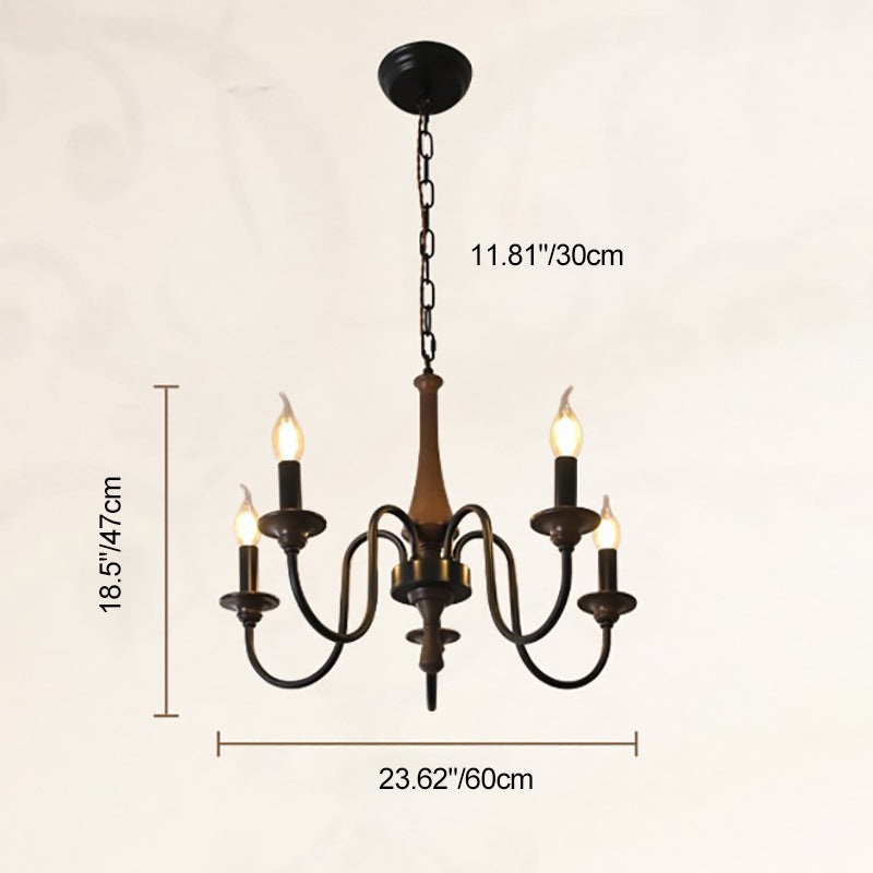 Chandelier traditionnel en bois rustique et fer avec support de bougie, tige de fer ramifiée, 5/6/8 lumières pour salon 