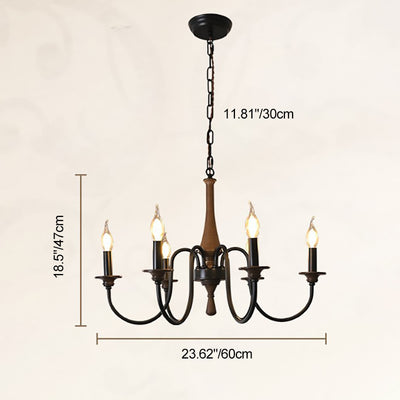 Traditional Rustic Wood & Iron Candle Holder Branching Iron Rod 5/6/8 Light Chandelier For Living Room