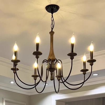 Traditional Rustic Wood & Iron Candle Holder Branching Iron Rod 5/6/8 Light Chandelier For Living Room