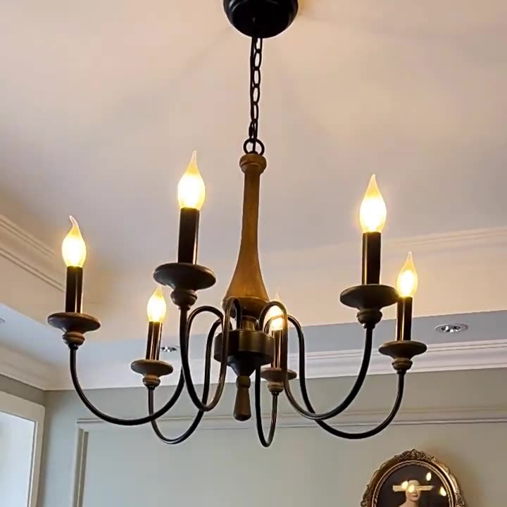 Chandelier traditionnel en bois rustique et fer avec support de bougie, tige de fer ramifiée, 5/6/8 lumières pour salon 