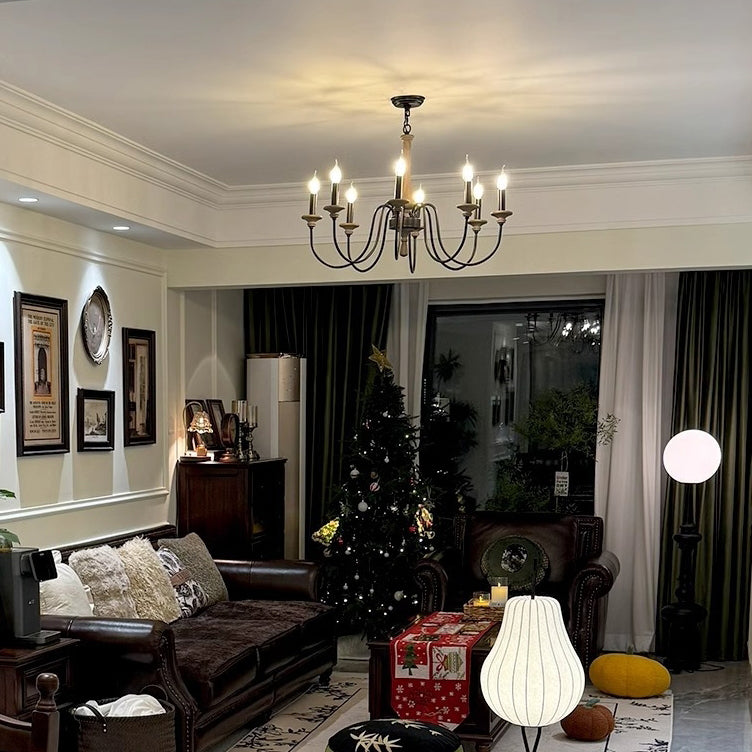 Traditional Rustic Wood & Iron Candle Holder Branching Iron Rod 5/6/8 Light Chandelier For Living Room