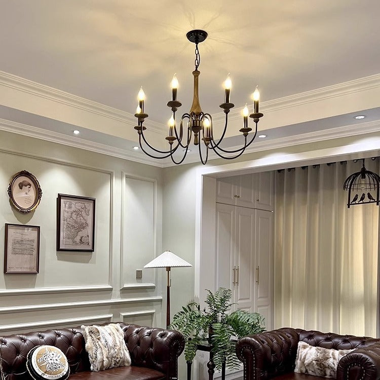 Chandelier traditionnel en bois rustique et fer avec support de bougie, tige de fer ramifiée, 5/6/8 lumières pour salon 