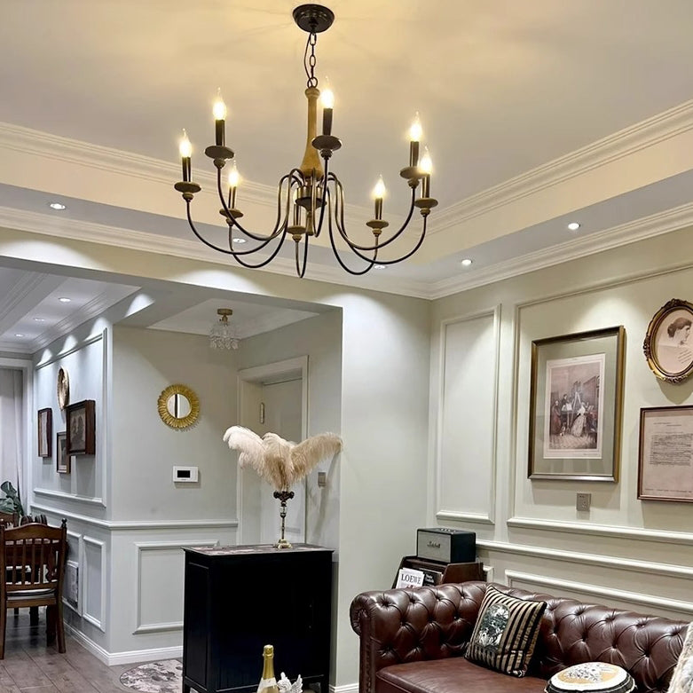 Chandelier traditionnel en bois rustique et fer avec support de bougie, tige de fer ramifiée, 5/6/8 lumières pour salon 