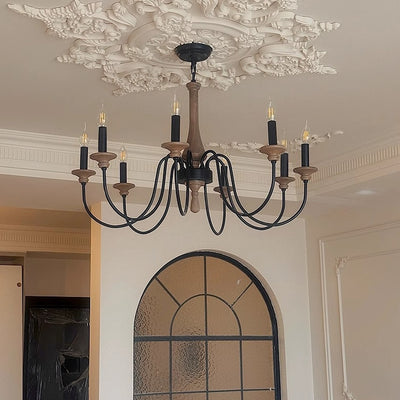 Traditional Rustic Wood & Iron Candle Holder Branching Iron Rod 5/6/8 Light Chandelier For Living Room