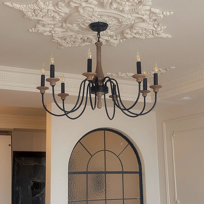 Traditional Rustic Wood & Iron Candle Holder Branching Iron Rod 5/6/8 Light Chandelier For Living Room
