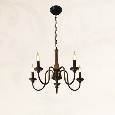 Traditional Rustic Wood & Iron Candle Holder Branching Iron Rod 5/6/8 Light Chandelier For Living Room
