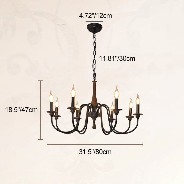 Chandelier traditionnel en bois rustique et fer avec support de bougie, tige de fer ramifiée, 5/6/8 lumières pour salon 