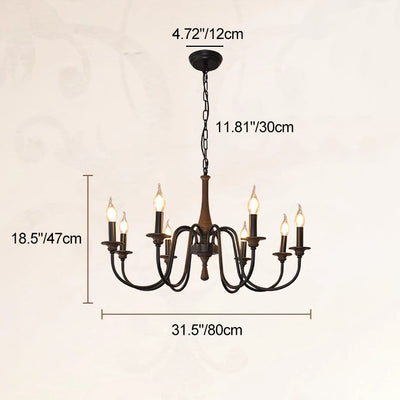 Traditional Rustic Wood & Iron Candle Holder Branching Iron Rod 5/6/8 Light Chandelier For Living Room