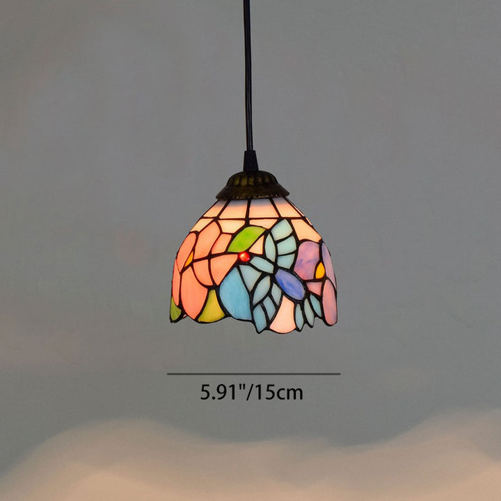 Traditional Tiffany Iron &amp; Colored Glass Dome-shaped, Irregular Patterned Glass Shade 1-Light Pendant Light Bedroom &amp; Living Room