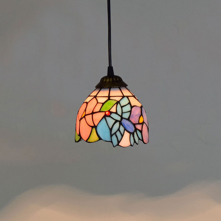 Traditional Tiffany Iron &amp; Colored Glass Dome-shaped, Irregular Patterned Glass Shade 1-Light Pendant Light Bedroom &amp; Living Room