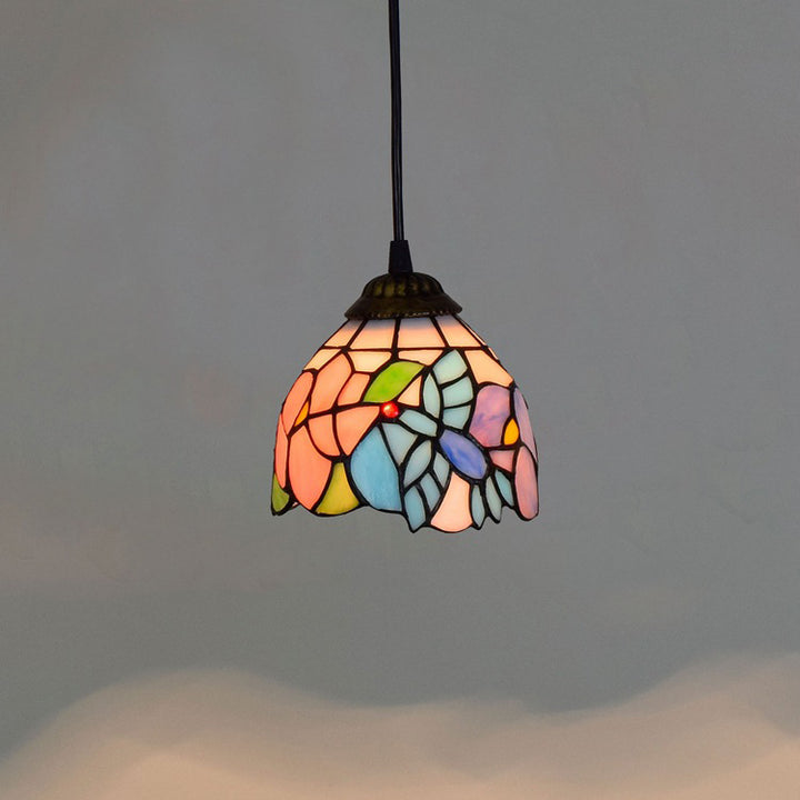 Traditional Tiffany Iron &amp; Colored Glass Dome-shaped, Irregular Patterned Glass Shade 1-Light Pendant Light Bedroom &amp; Living Room