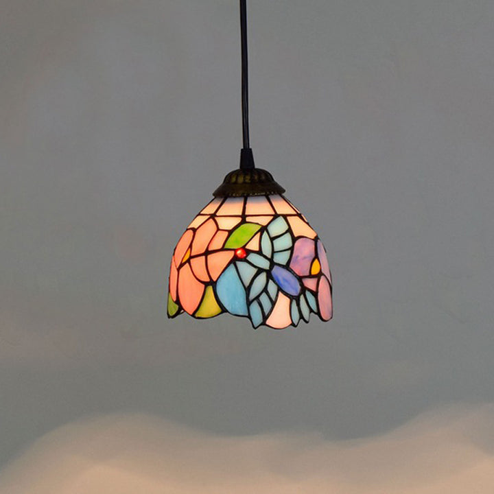 Traditional Tiffany Iron &amp; Colored Glass Dome-shaped, Irregular Patterned Glass Shade 1-Light Pendant Light Bedroom &amp; Living Room