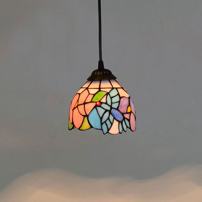 Traditional Tiffany Iron & Colored Glass Dome-shaped, Irregular Patterned Glass Shade 1-Light Pendant Light Bedroom & Living Room