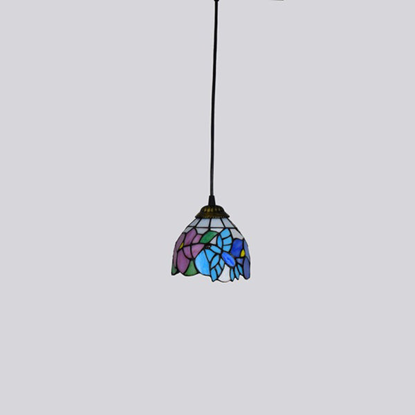 Traditional Tiffany Iron &amp; Colored Glass Dome-shaped, Irregular Patterned Glass Shade 1-Light Pendant Light Bedroom &amp; Living Room