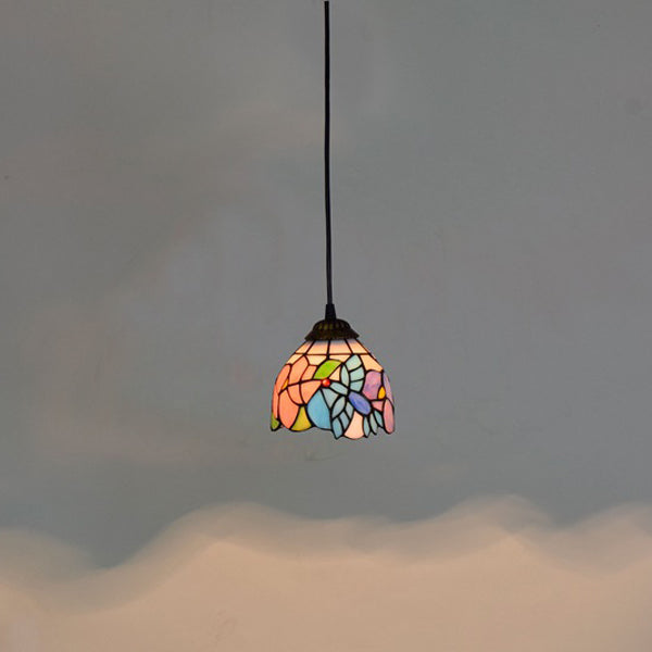Traditional Tiffany Iron &amp; Colored Glass Dome-shaped, Irregular Patterned Glass Shade 1-Light Pendant Light Bedroom &amp; Living Room