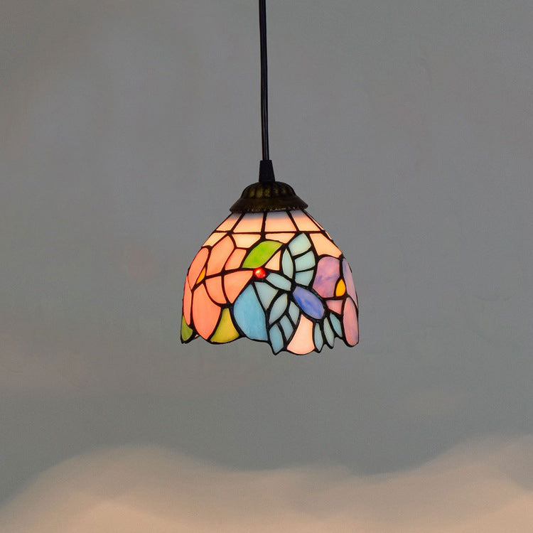 Traditional Tiffany Iron & Colored Glass Dome-shaped, Irregular Patterned Glass Shade 1-Light Pendant Light Bedroom & Living Room