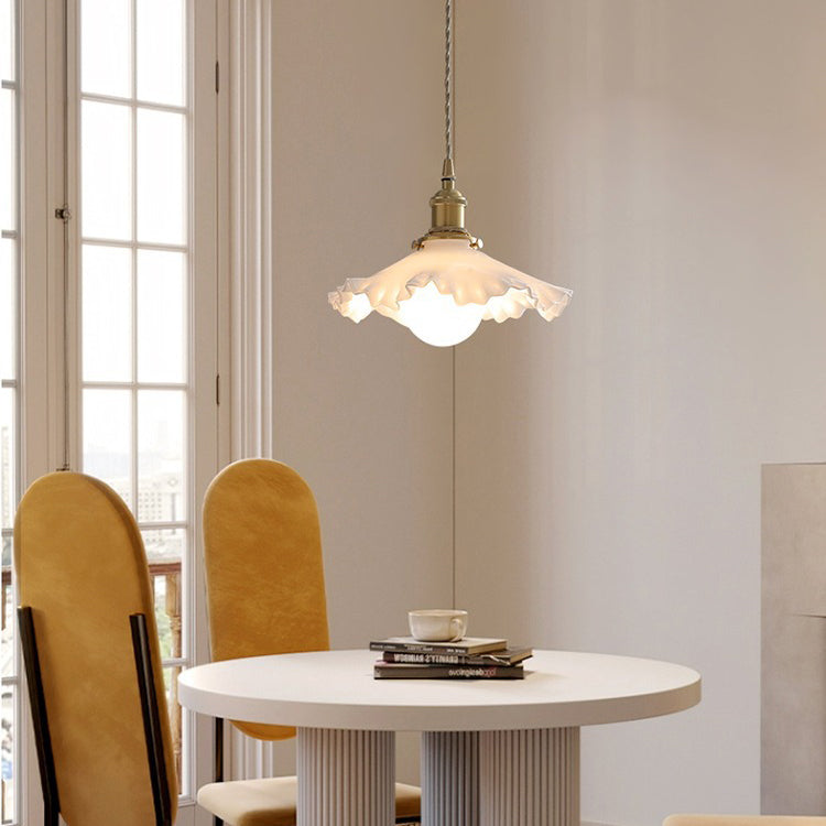 Traditional French Brass Glass Flower-Shaped 1-Light Pendant Light For Bedroom & Living Room