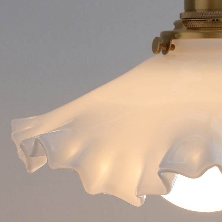 Traditional French Brass Glass Flower-Shaped 1-Light Pendant Light For Bedroom & Living Room