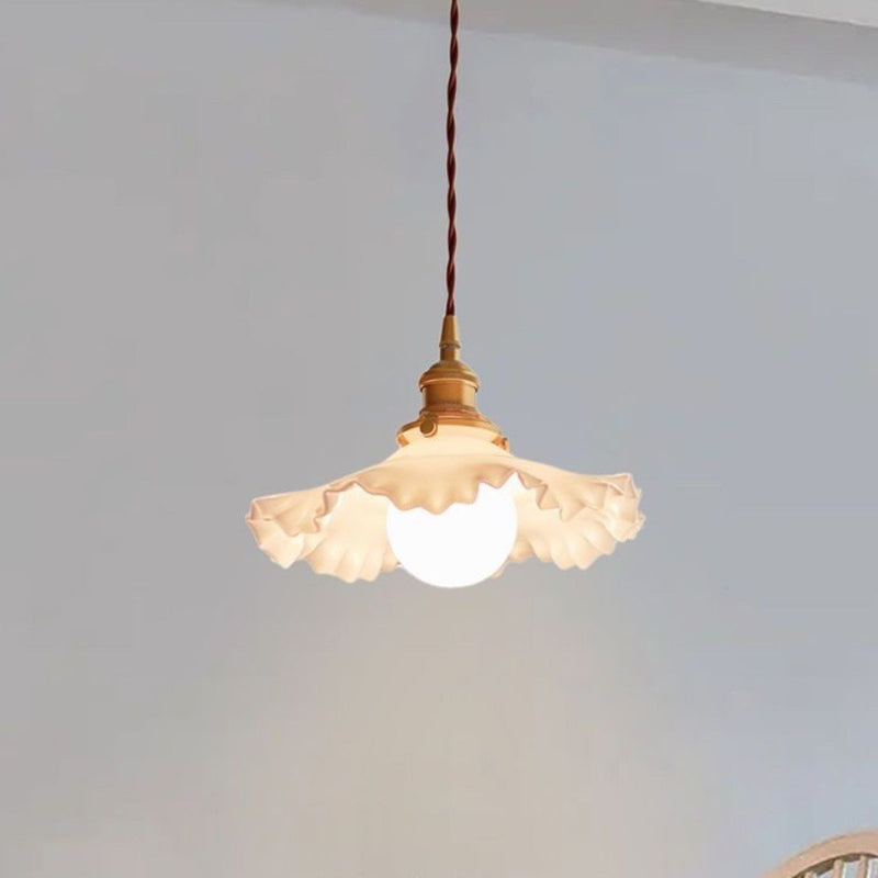 Traditional French Brass Glass Flower-Shaped 1-Light Pendant Light For Bedroom & Living Room